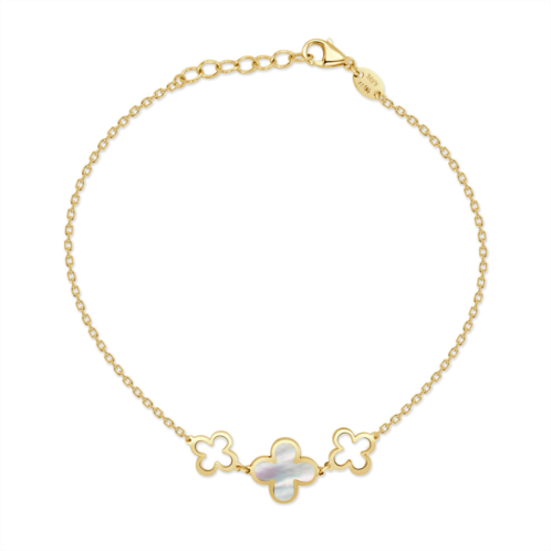 Italian Gold 14k yellow Gold alternating clover & open clover bracelet 3 stations - mother of pearl
