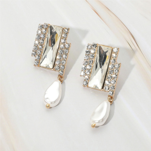 FASHNZFAB rectangle stone accented teardrop freshwater pearl link dangle evening earrings