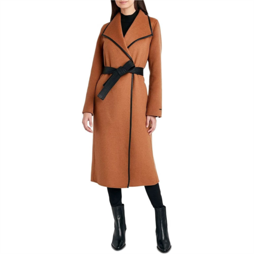 T Tahari Tahari womens black juliette double face wool belted coat with faux leather trim caramel