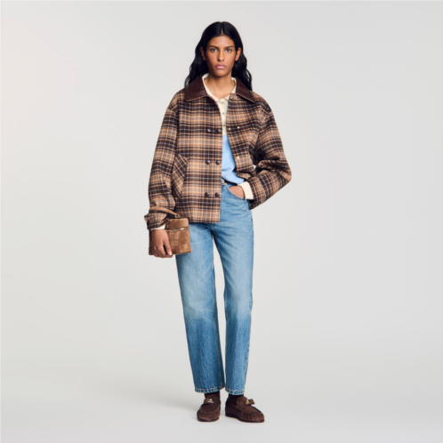 Sandro check jacket with leather collar
