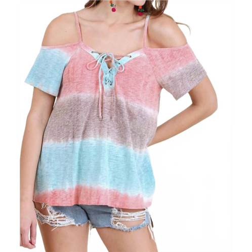 Umgee lace up cold shoulder color block top in mint mix