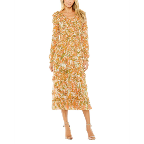 Mac Duggal low back floral v neck ruffle dress