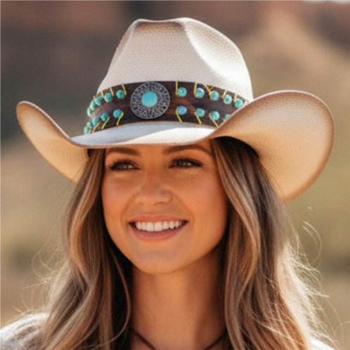 FASHNZFAB vintage antique concho turquoise beaded band western straw cowboy hat
