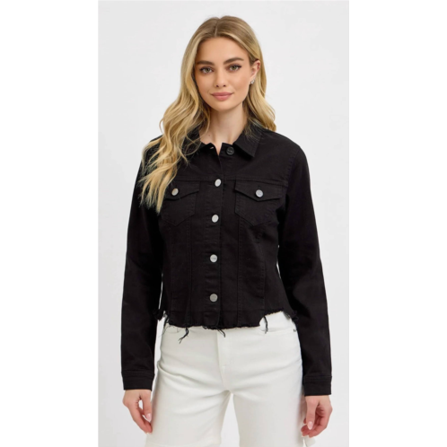 RISEN irregular frayed hem denim jacket in black