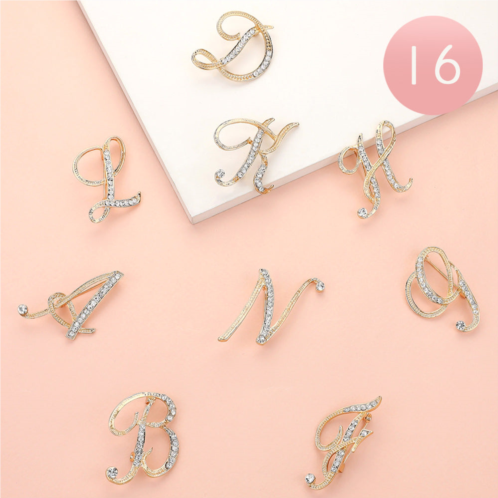 FASHNZFAB 16pcs - stone paved initial monogram initial letter pin brooches