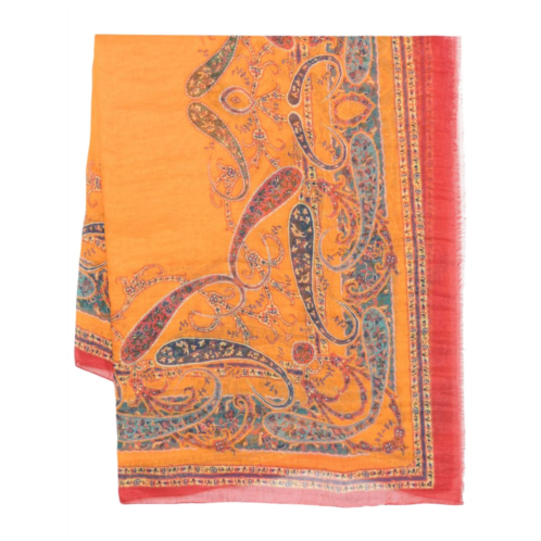 ETRO orange large paisley fringed scarf