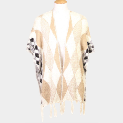 TRUEDAMES diamond pattern tassel poncho