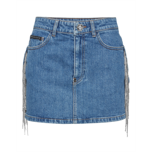 PHILIPP PLEIN denim mini skirt crystal fringes