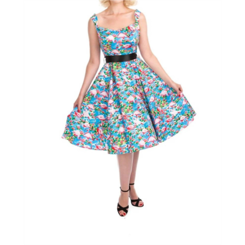 Orchid Bloom sleeveless flamingo swing dress in blue ocean