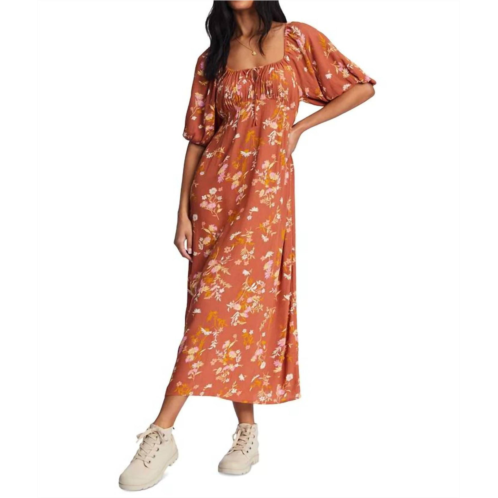 Billabong true romance puff sleeves midi dress in brown