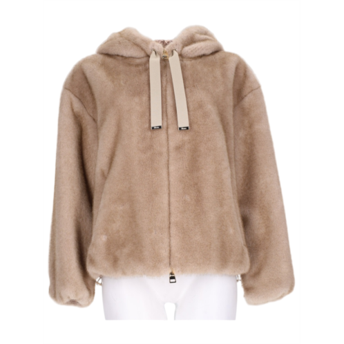 HERNO eco-fur textured bomber jacket with hood and drawstring detail