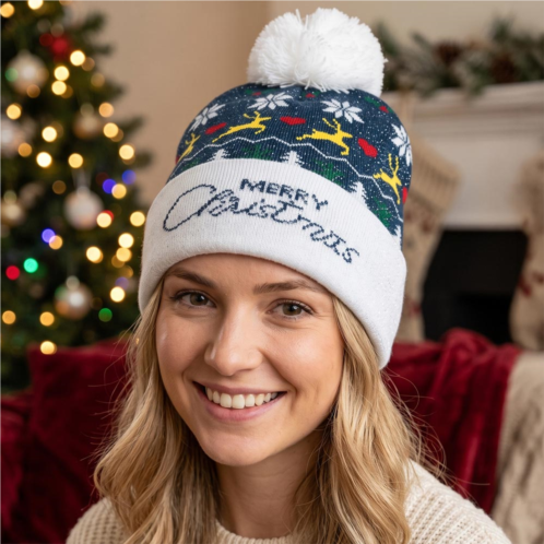 FASHNZFAB merry christmas reindeer pattern pom pom lurex winter beanie hat