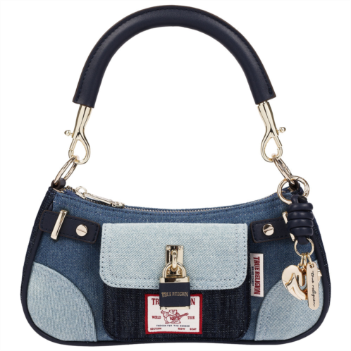 True Religion color block denim shoulder bag with front flap pocket and lock detail