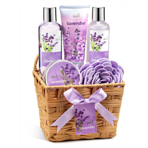 Freida and Joe lavender bath and body 6 piece gift set in a wicker basket
