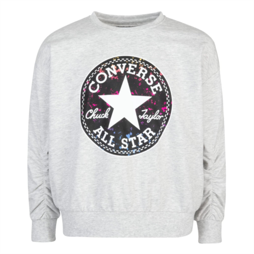 Converse girls chuck sweatshirt heather gray patch logo ruched sleeve red636