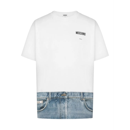 MOSCHINO white t-shirt with denim-inspired hem design