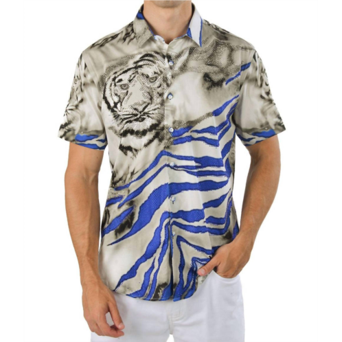BARABAS on the prowl rhinestone short sleeve shirt in blue