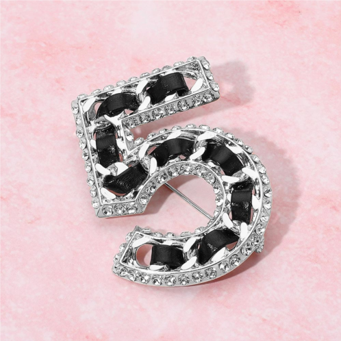FASHNZFAB rhinestone rim faux leather threaded number five pin brooch