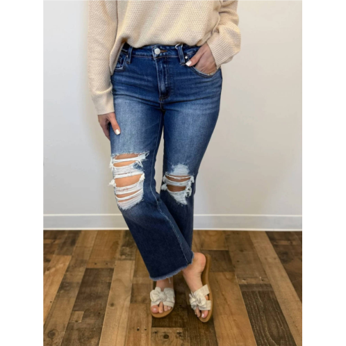 RISEN distressed crop flare jean in dark blue