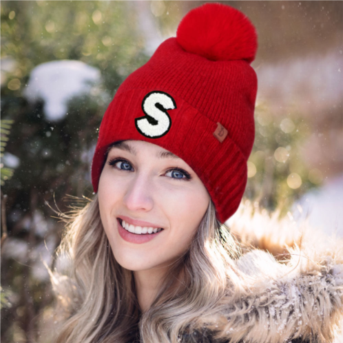 FASHNZFAB -s- initial monogram faux fur pom pom knit beanie hat