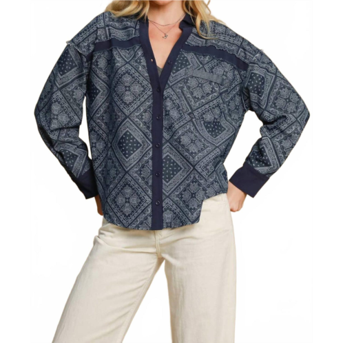 Umgee paisley print shirt jacket in dark denim