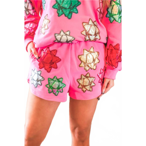 QUEEN OF SPARKLES metallic present bow shorts in pink