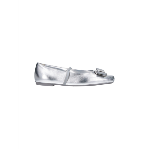 FERRAGAMO rounded toe metallic silver flat shoes