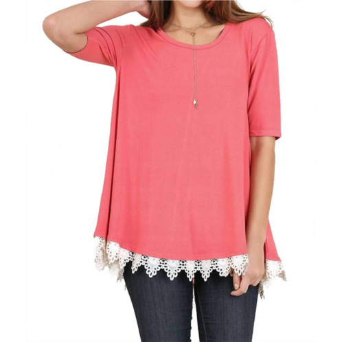 Umgee crochet trim lace up drawstring top in coral