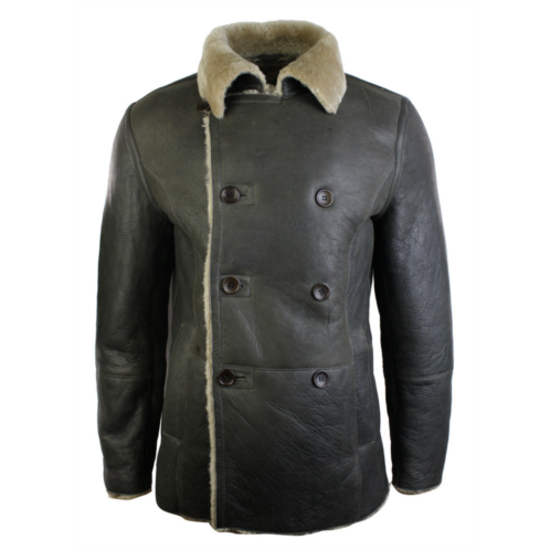 TruClothing khaki sheepskin double breasted fitted jacket