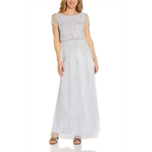 Adrianna Papell bateau neck back zipper short sleeves long gown in serenity