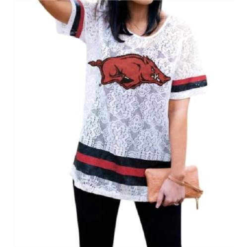 Gameday Couture university of arkansas logo lace jersey in white