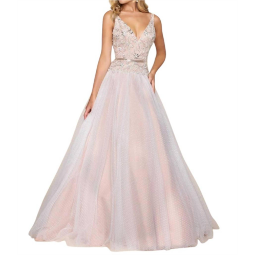 MAC DUGGAL fit and flare ball gown with lace and bead applique in ivory/nude