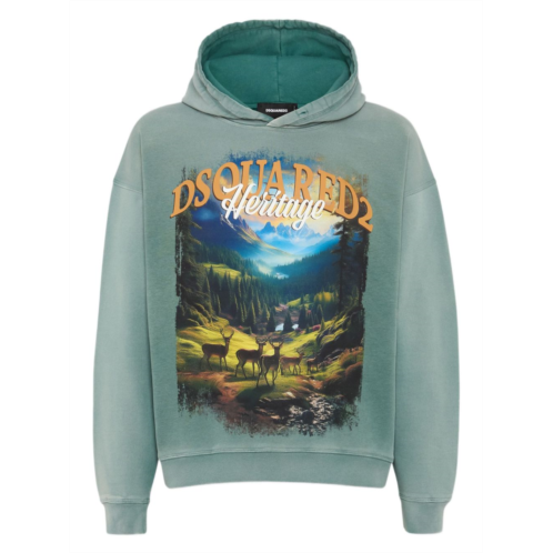 DSQUARED2 illustration-style print hooded sweater in muted aqua green