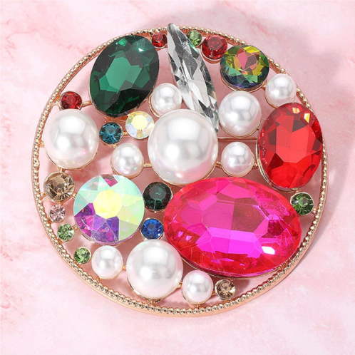 FASHNZFAB pearl stone cluster embellished chunky round pin brooch