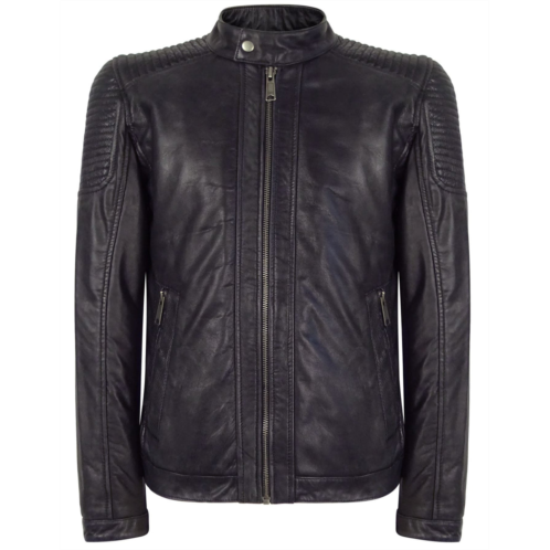 TruClothing slim navy washed leather jacket nehru grandad collar