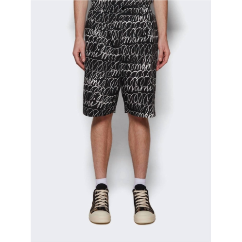 MARNI scribbled popeline drawstring shorts in black
