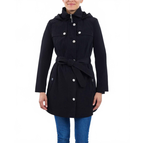 London Fog zip front high-neck hooded trench coat in black