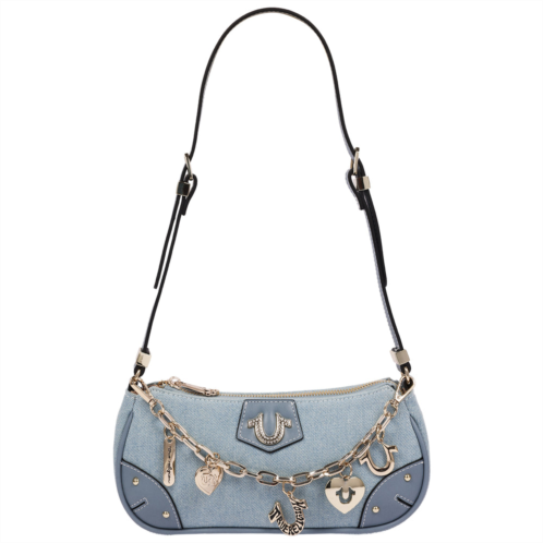 true religion horseshoe chain denim shoulder bag charm detail zip top purse with adjustable strap
