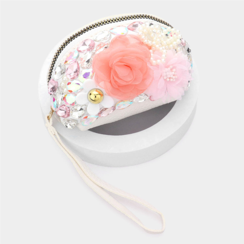 FASHNZFAB pearl stone embellished triple flower mini pouch wristlet bag