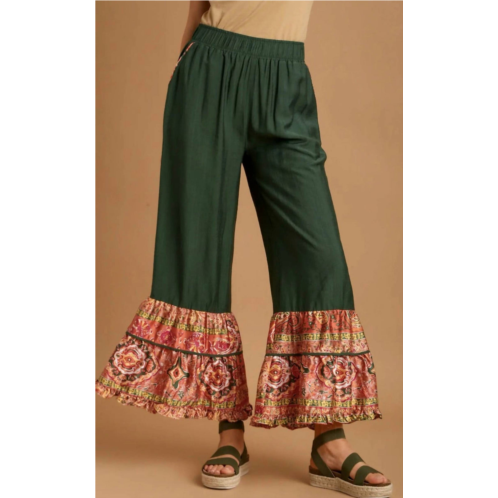 Umgee boarder print ruffle hem wide leg pants with elastic band in olive mix