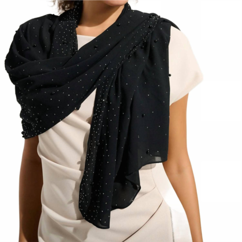 Joseph Ribkoff chiffon rectangular scarf with rhinestones and pearls in black