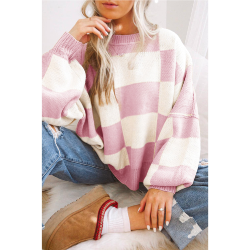 TRUEDAMES pink checkered bishop sleeve sweater