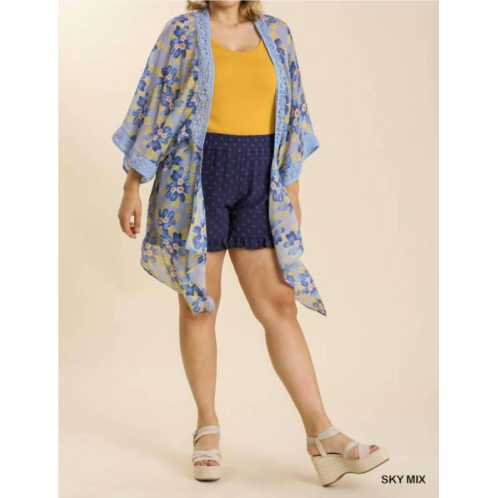 Umgee sheer floral print open front kimono with crochet detail plus in sky mix