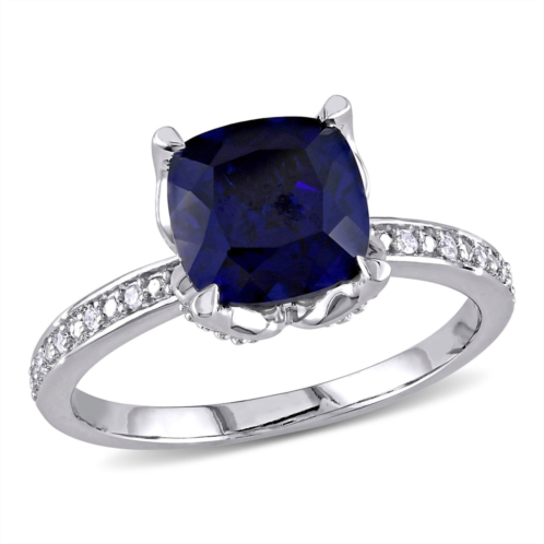 Mimi & Max cushion-cut created blue sapphire and diamond ring 10k white gold