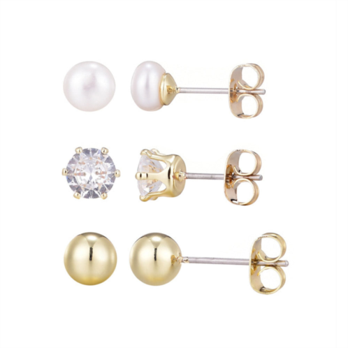 Adornia 14k gold plated ball solitaire and freshwater pearl stud earring set