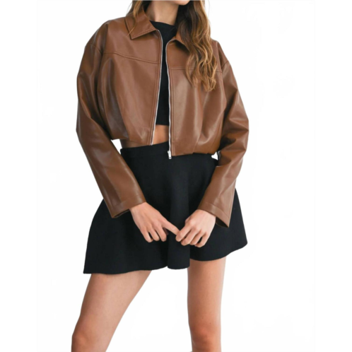MABLE faux leather collar pleated bubble hem crop jacket in chocolate brown