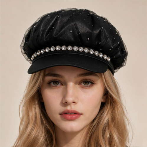 FASHNZFAB rhinestone accent mesh around newsboy cap