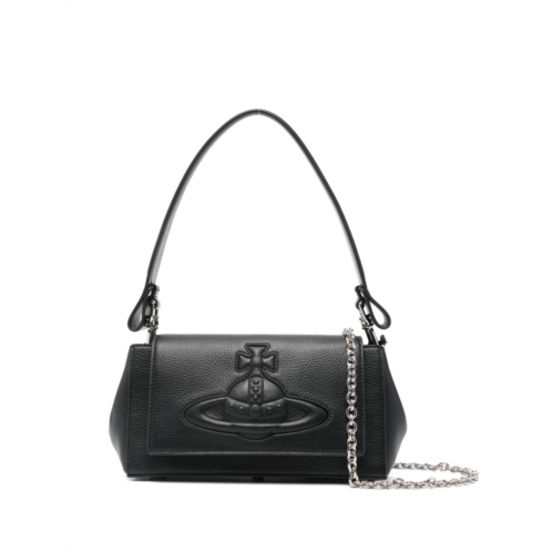 VIVIENNE WESTWOOD structured black handbag with pebbled texture and silver chain strap