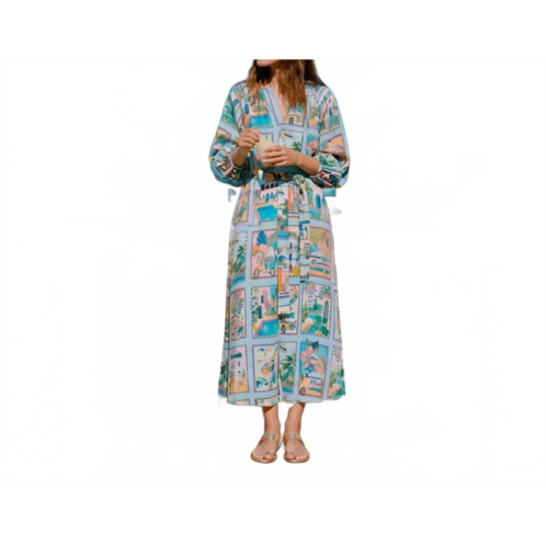 Vilagallo tropical scene print dress in turquoise multicolor
