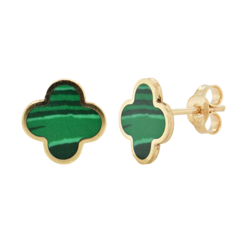 Italian Gold 14k yellow Gold clover stud earrings - malachite